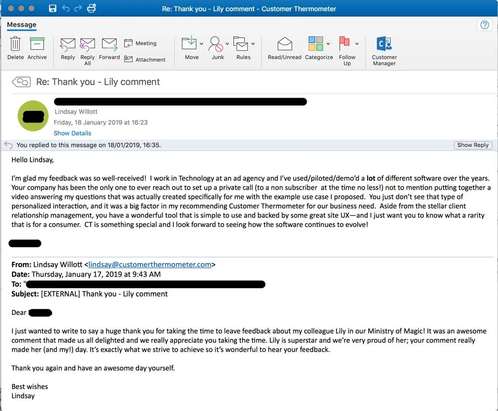 Ministry-email-redacted customer feedback email real example