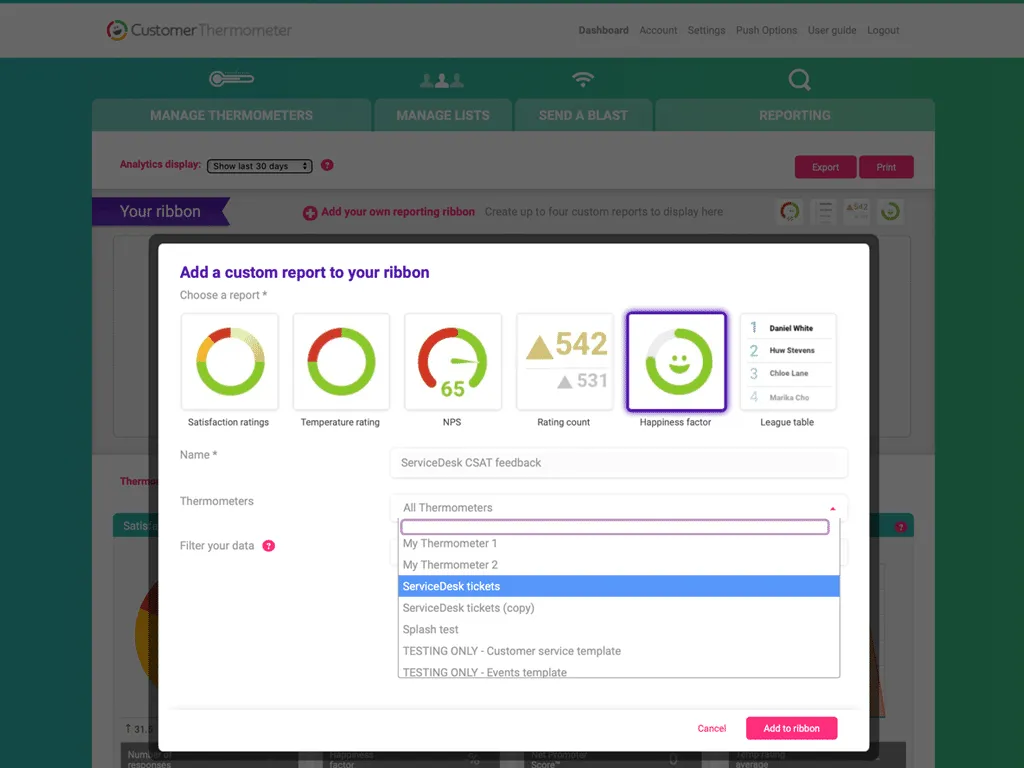 Ribbon-report-selection Customizable CSAT report