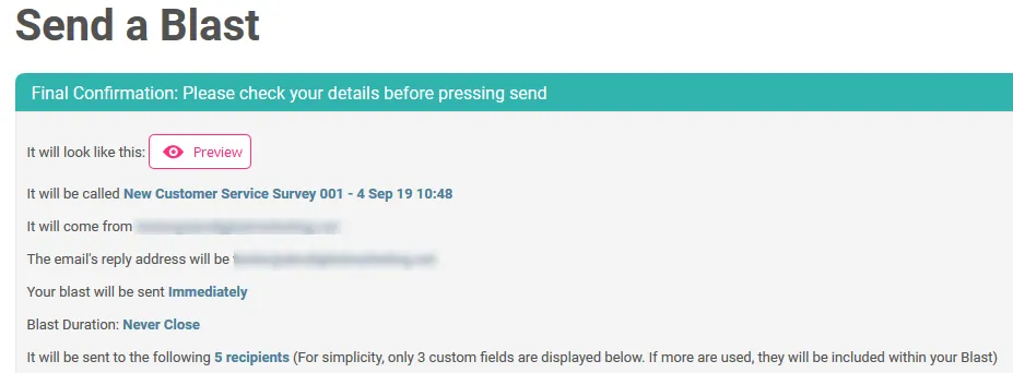 email survey confirmation screen