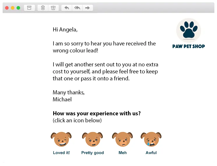 retail service customer experience journey ratings email words customized cute awesome 1-click feedback