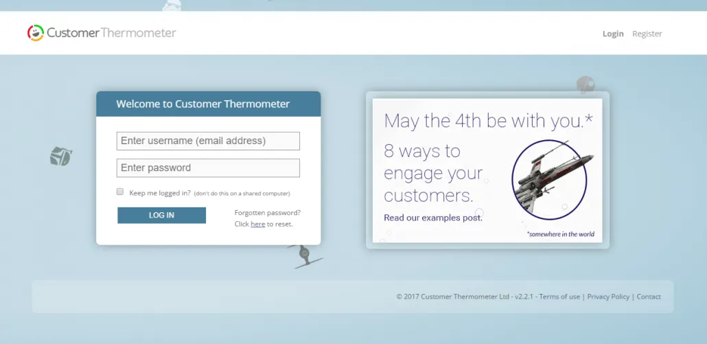 Star Wars app login screen Customer Thermometer login page