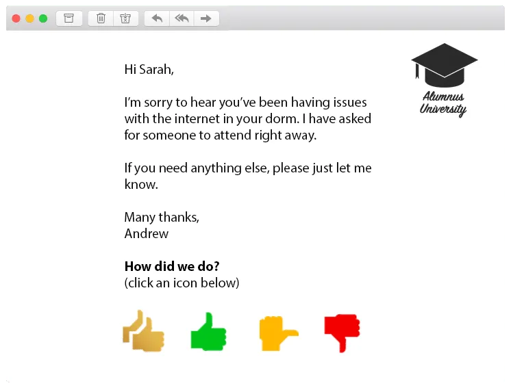 university education service customer experience journey ratings email words customized cute awesome 1-click feedback
